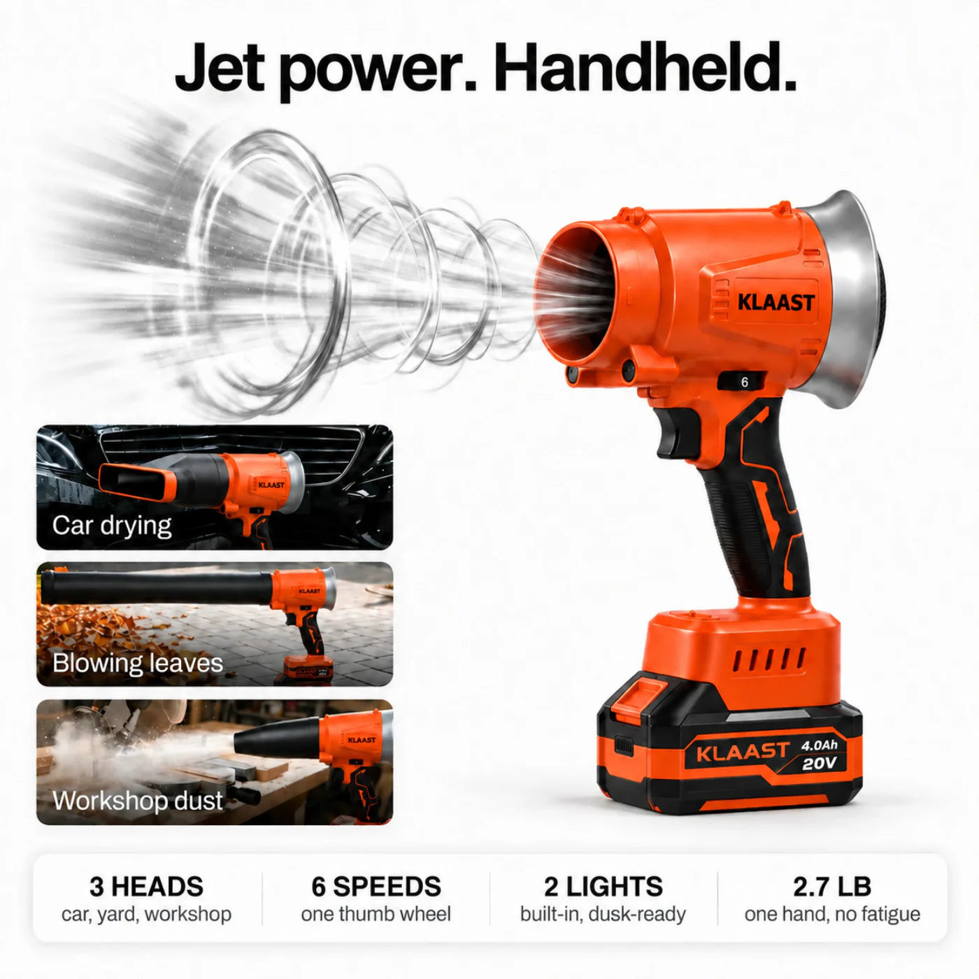 KLAAST cordless turbo blower with its airflow visualised